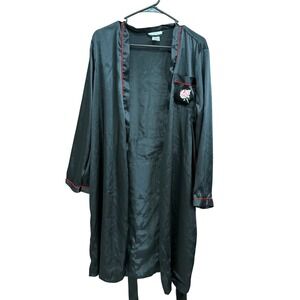 Pink Rose Embroidery Robe Black Satin Medium Pajama Loungewear Lingerie